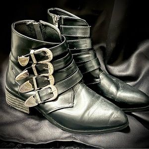Black Cowboy Buckle Western Ankle Booties
